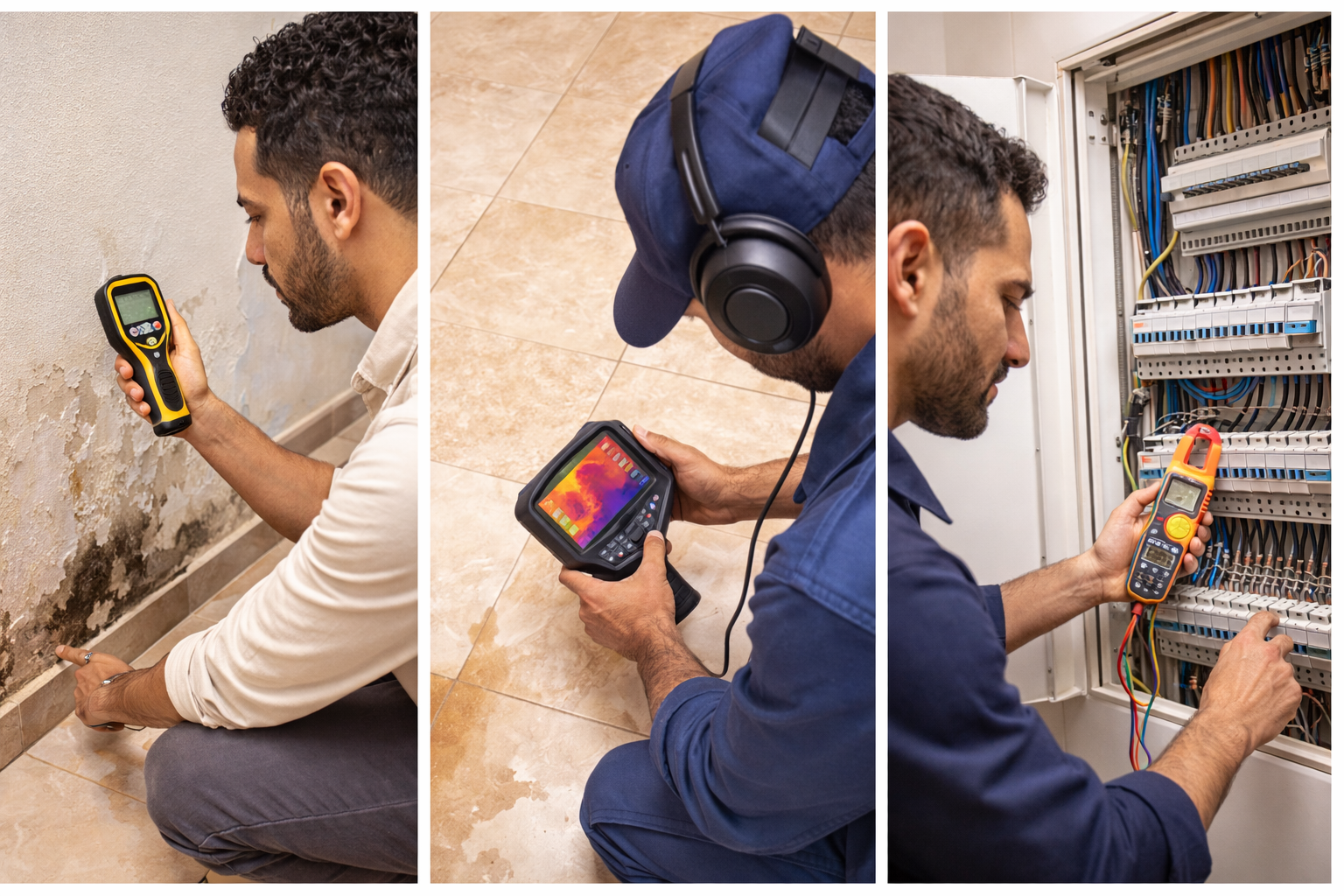 Expert réalisant une inspection immobilière avec équipement professionnel